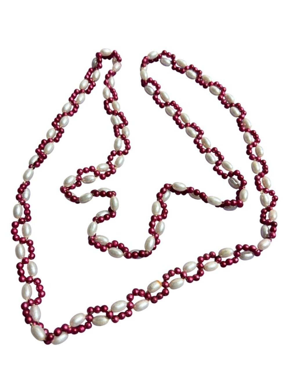 Faux Pearl Red Plastic Beaded Necklace 36 inches Long